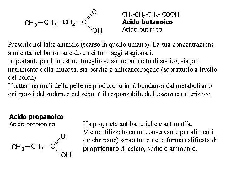 CH 3 -CH 2 - COOH Acido butanoico Acido butirrico Presente nel latte animale