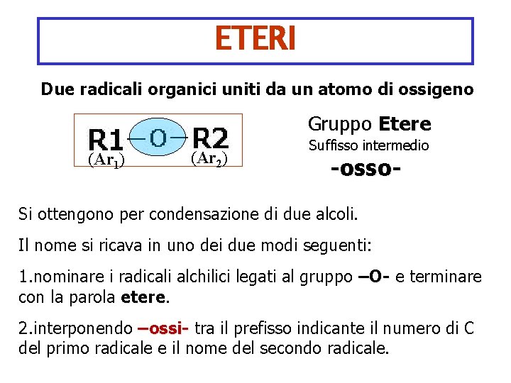 ETERI Due radicali organici uniti da un atomo di ossigeno Gruppo Etere (Ar 1)