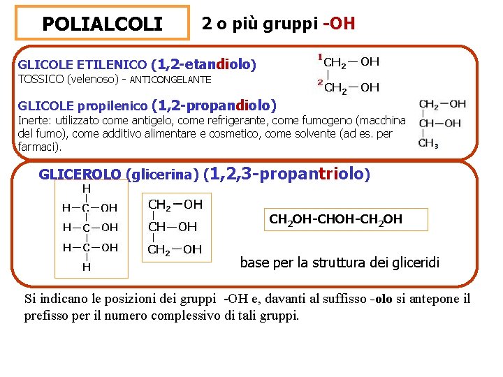 POLIALCOLI 2 o più gruppi -OH GLICOLE ETILENICO (1, 2 -etandiolo) TOSSICO (velenoso) -