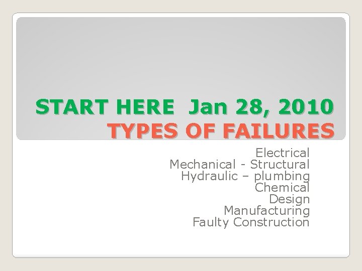 START HERE Jan 28, 2010 TYPES OF FAILURES Electrical Mechanical - Structural Hydraulic –