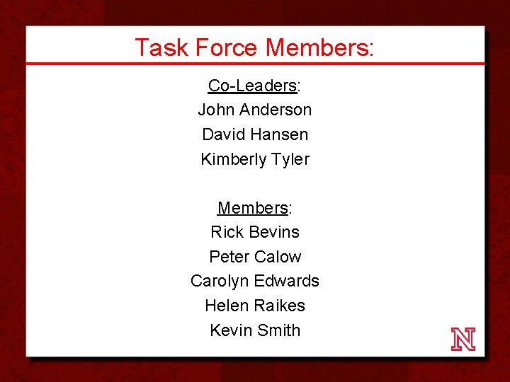 Task Force Members: Co-Leaders: John Anderson David Hansen Kimberly Tyler Members: Rick Bevins Peter
