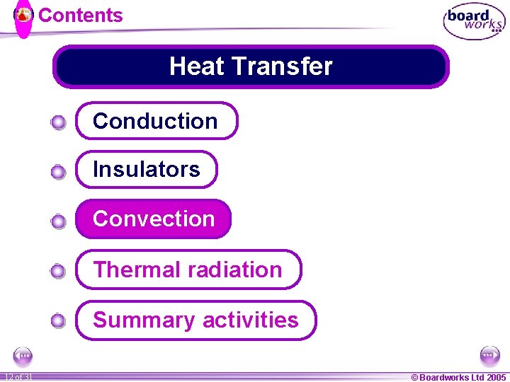 Contents Heat Transfer Conduction Insulators Convection Thermal radiation Summary activities 12 of 31 ©
