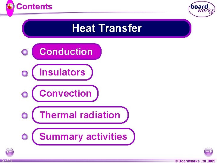 Contents Heat Transfer Conduction Insulators Convection Thermal radiation Summary activities 2 of 31 ©