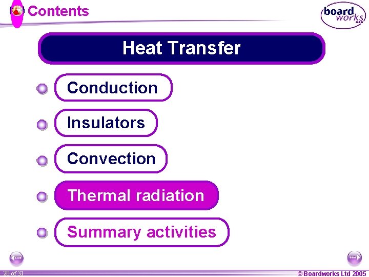 Contents Heat Transfer Conduction Insulators Convection Thermal radiation Summary activities 20 of 31 ©