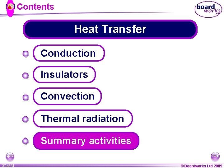 Contents Heat Transfer Conduction Insulators Convection Thermal radiation Summary activities 27 of 31 ©