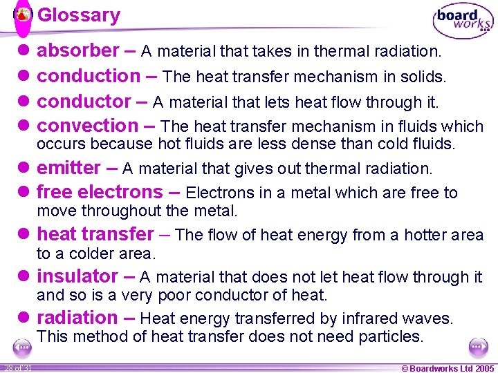 Glossary l absorber – A material that takes in thermal radiation. l conduction –