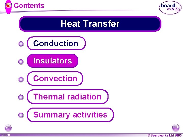 Contents Heat Transfer Conduction Insulators Convection Thermal radiation Summary activities 7 of 31 ©