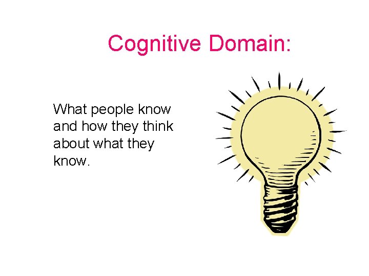 Cognitive Domain: What people know and how they think about what they know. 