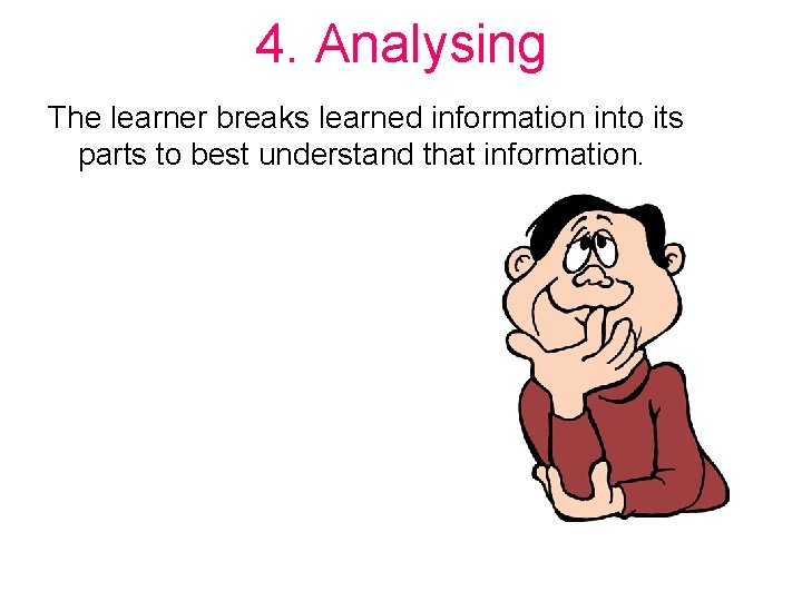 4. Analysing The learner breaks learned information into its parts to best understand that