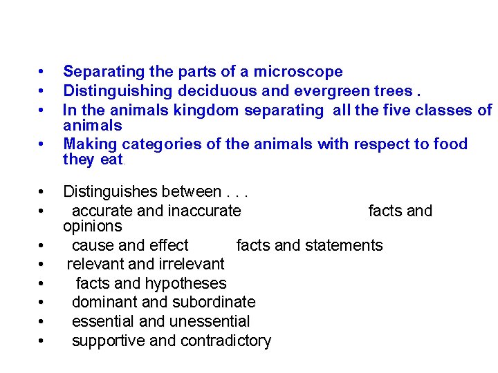  • • • Separating the parts of a microscope Distinguishing deciduous and evergreen