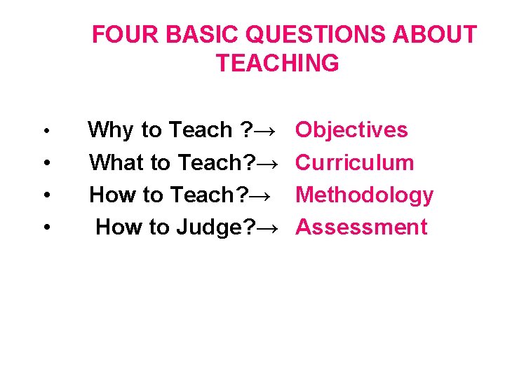 FOUR BASIC QUESTIONS ABOUT TEACHING • • Why to Teach ? → What to