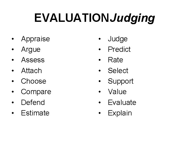 EVALUATIONJudging • • Appraise Argue Assess Attach Choose Compare Defend Estimate • • Judge