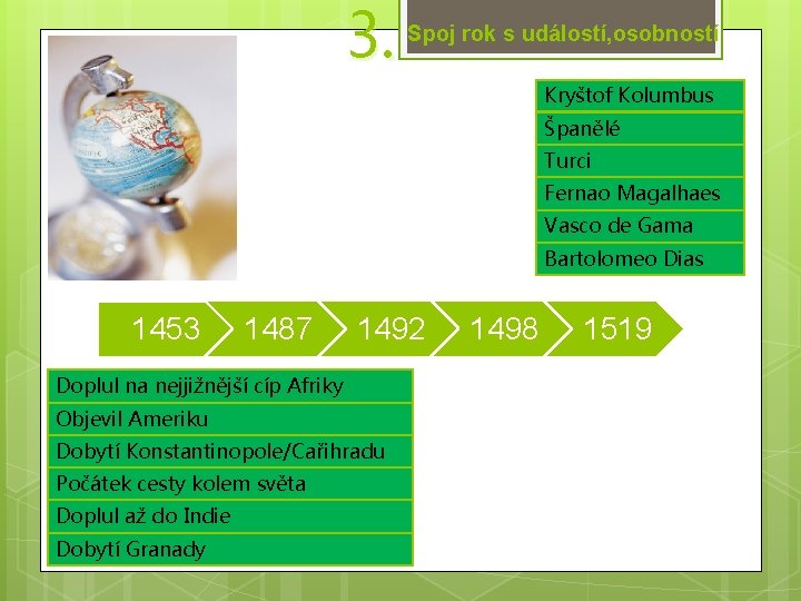 3. Spoj rok s událostí, osobností Kryštof Kolumbus Španělé Turci Fernao Magalhaes Vasco de