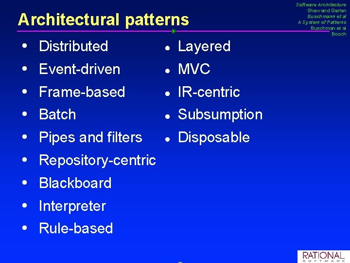 Architectural patterns Distributed · Layered Event driven · MVC Frame based · IR centric