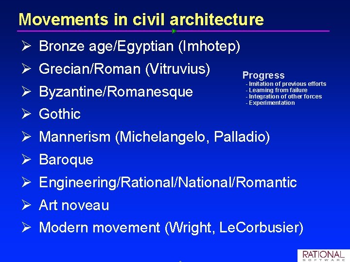 Movements in civil architecture Ø Bronze age/Egyptian (Imhotep) Ø Grecian/Roman (Vitruvius) Ø Byzantine/Romanesque Ø