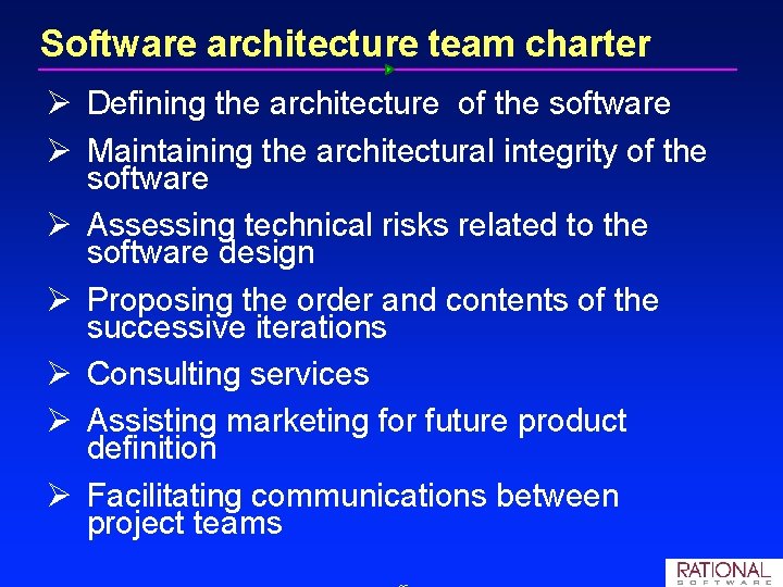 Software architecture team charter Ø Defining the architecture of the software Ø Maintaining the