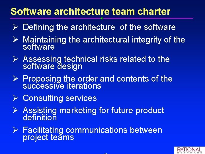 Software architecture team charter Ø Defining the architecture of the software Ø Maintaining the Software architecture team charter Ø Defining the architecture of the software Ø Maintaining the