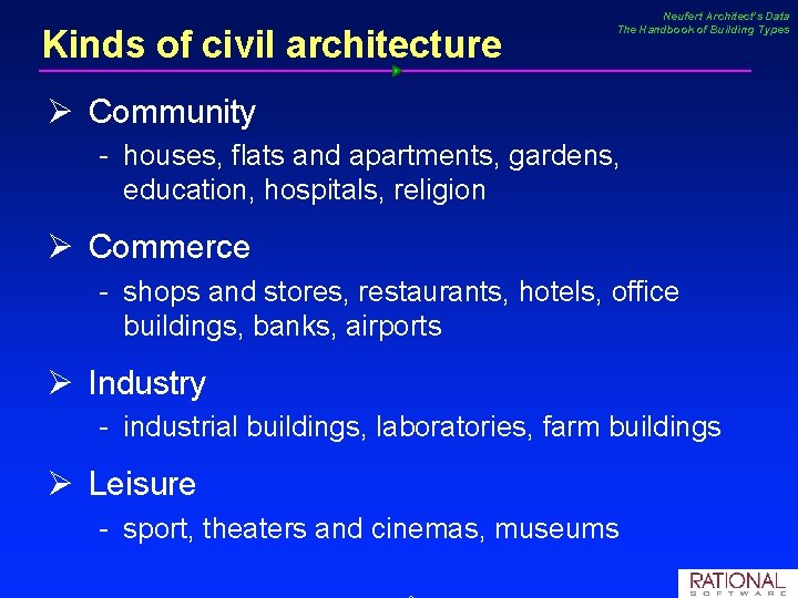Kinds of civil architecture Neufert Architect’s Data The Handbook of Building Types Ø Community