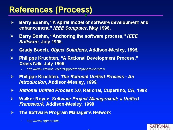 References (Process) Ø Barry Boehm, “A spiral model of software development and enhancement, ” References (Process) Ø Barry Boehm, “A spiral model of software development and enhancement, ”