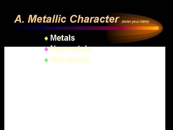 A. Metallic Character ¨ Metals ¨ Nonmetals ¨ Metalloids (color your table) 