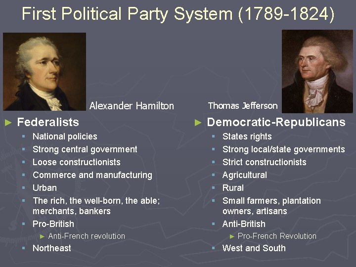 First Political Party System (1789 -1824) Alexander Hamilton ► Federalists § § § National