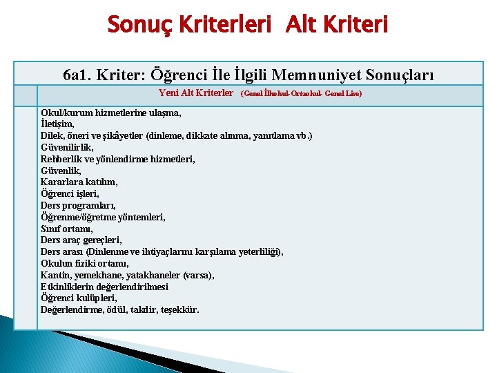 Sonuç Kriterleri Alt Kriteri 6 a 1. Kriter: Öğrenci İle İlgili Memnuniyet Sonuçları Yeni