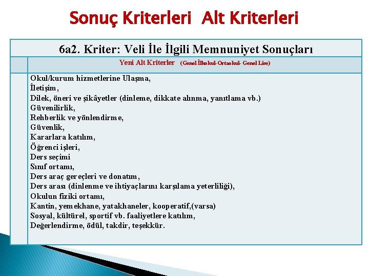 Sonuç Kriterleri Alt Kriterleri 6 a 2. Kriter: Veli İle İlgili Memnuniyet Sonuçları Yeni