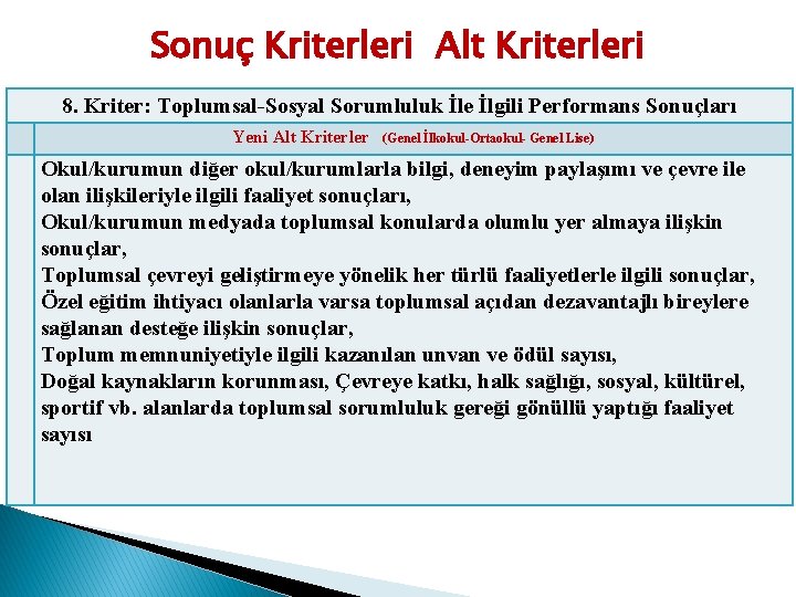 Sonuç Kriterleri Alt Kriterleri 8. Kriter: Toplumsal-Sosyal Sorumluluk İle İlgili Performans Sonuçları Yeni Alt