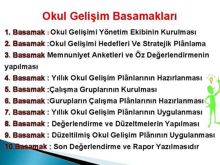 Okul Gelişim Basamakları 1. Basamak : Okul Gelişimi Yönetim Ekibinin Kurulması 2. Basamak :