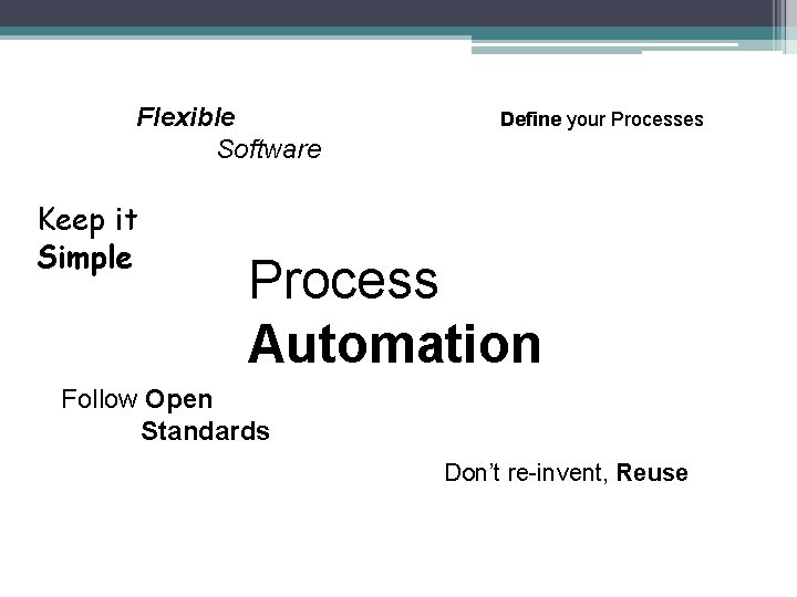 Flexible Software Keep it Simple Define your Processes Process Automation Follow Open Standards Don’t