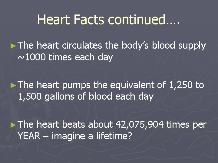 Heart Facts continued…. ► The heart circulates the body’s blood supply ~1000 times each