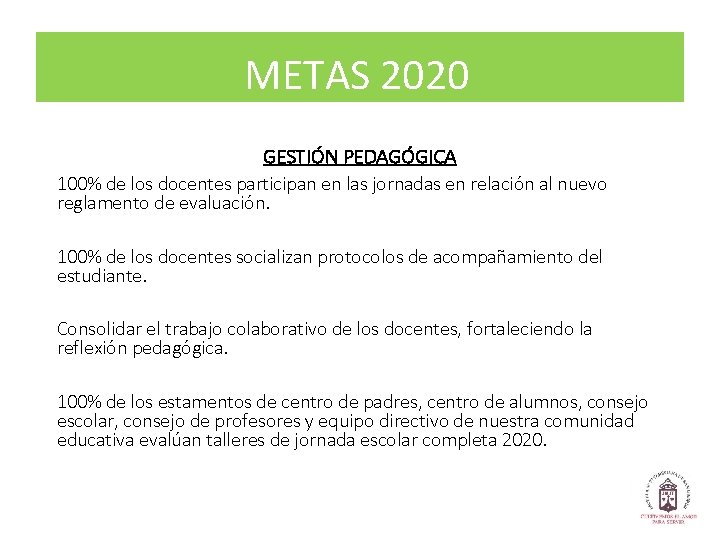 METAS 2020 GESTIÓN PEDAGÓGICA 100% de los docentes participan en las jornadas en relación