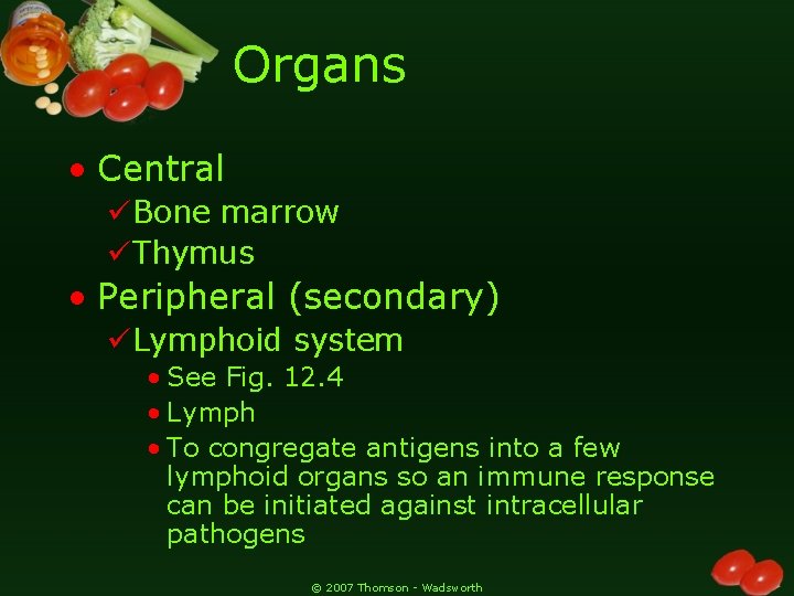 Organs • Central üBone marrow üThymus • Peripheral (secondary) üLymphoid system • See Fig.