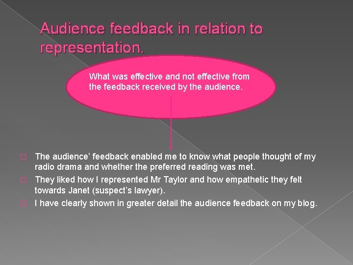 Audience feedback in relation to representation. What was effective and not effective from the