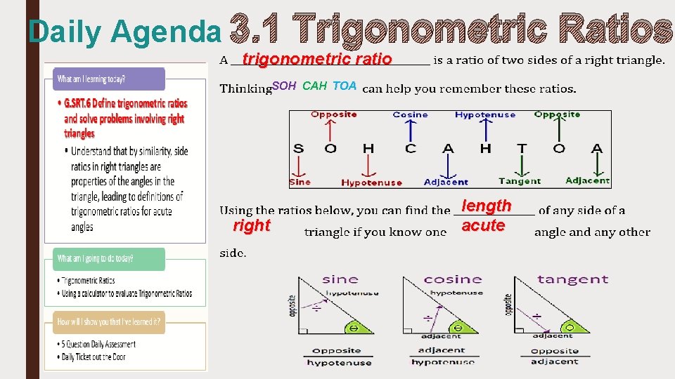 Daily Agenda 3. 1 Trigonometric Ratios trigonometric ratio SOH CAH TOA right length acute
