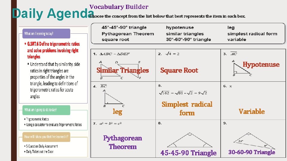 Daily Agenda Similar Triangles leg Pythagorean Theorem Square Root Hypotenuse Simplest radical form Variable