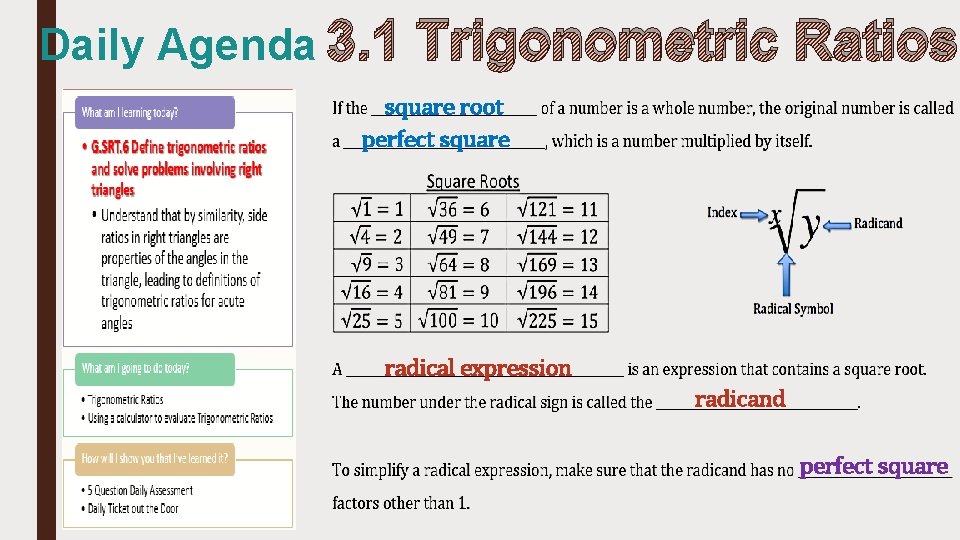 Daily Agenda 3. 1 Trigonometric Ratios square root perfect square radical expression radicand perfect