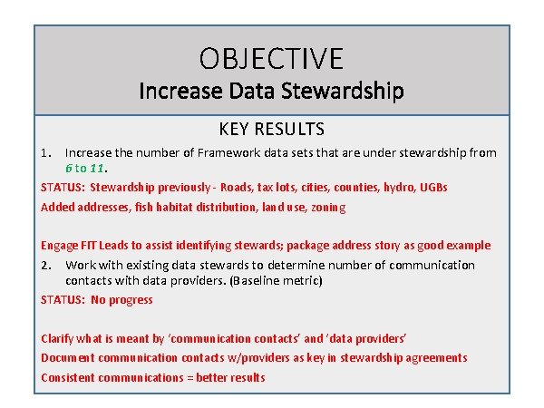 OBJECTIVE Increase Data Stewardship KEY RESULTS 1. Increase the number of Framework data sets OBJECTIVE Increase Data Stewardship KEY RESULTS 1. Increase the number of Framework data sets
