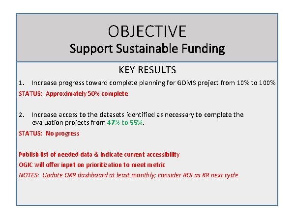 OBJECTIVE Support Sustainable Funding KEY RESULTS 1. Increase progress toward complete planning for GDMS OBJECTIVE Support Sustainable Funding KEY RESULTS 1. Increase progress toward complete planning for GDMS