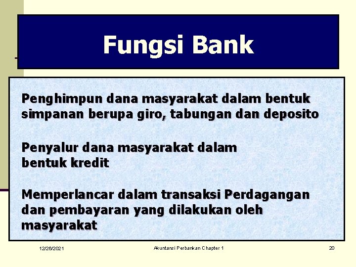 Fungsi Bank Penghimpun dana masyarakat dalam bentuk simpanan berupa giro, tabungan deposito Penyalur dana