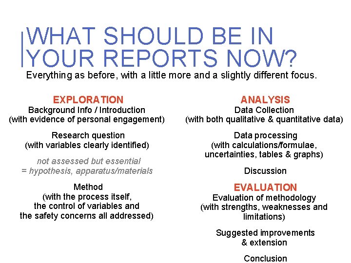 WHAT SHOULD BE IN YOUR REPORTS NOW? Everything as before, with a little more