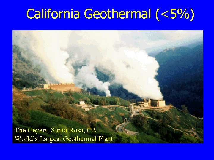 California Geothermal (<5%) The Geyers, Santa Rosa, CA World’s Largest Geothermal Plant 