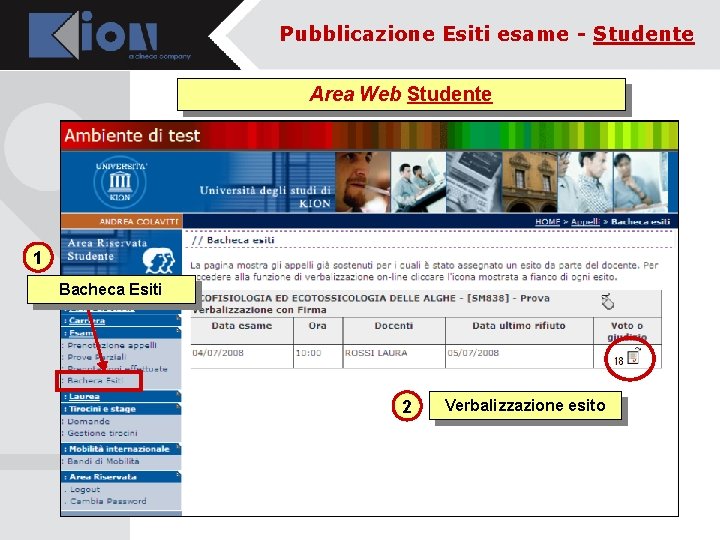 Pubblicazione Esiti esame - Studente Area Web Studente 1 Bacheca Esiti 2 Verbalizzazione esito