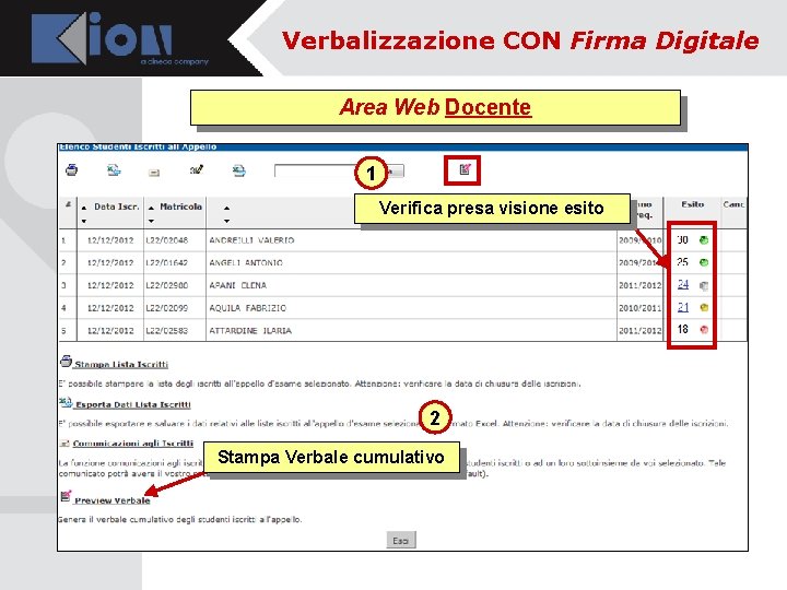 Verbalizzazione CON Firma Digitale Area Web Docente 1 Verifica presa visione esito 2 Stampa