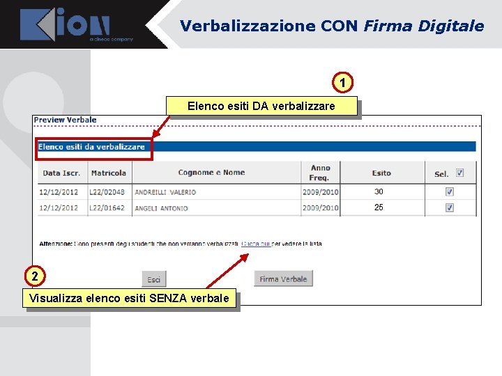 Verbalizzazione CON Firma Digitale 1 Elenco esiti DA verbalizzare 2 Visualizza elenco esiti SENZA