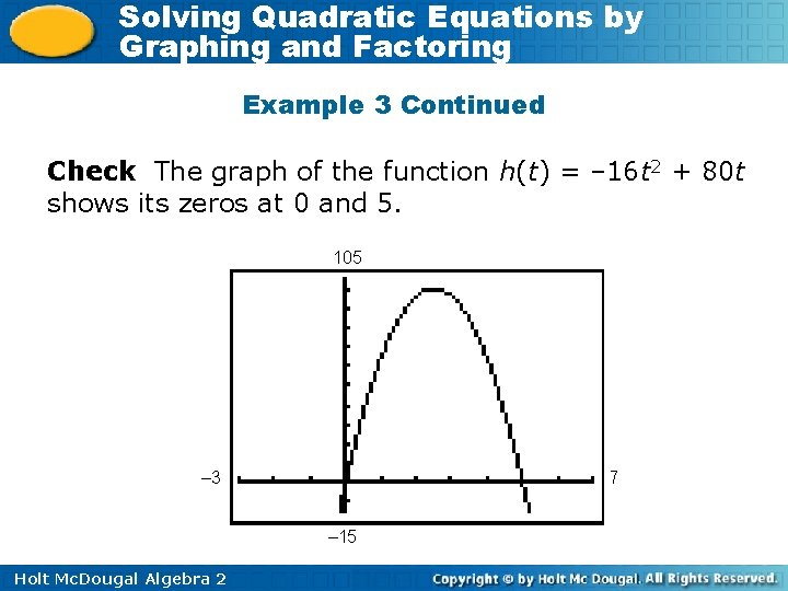 Solving Quadratic Equations by Graphing and Factoring Example 3 Continued Check The graph of