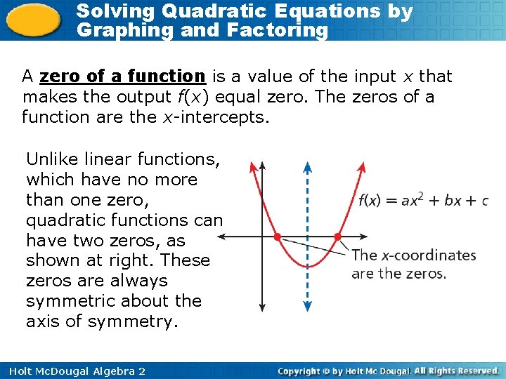 Solving Quadratic Equations by Graphing and Factoring A zero of a function is a