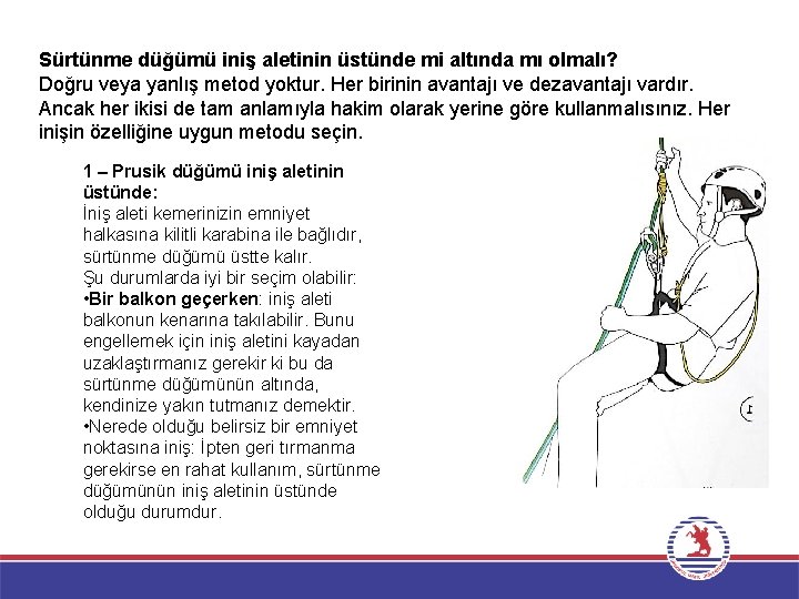 Sürtünme düğümü iniş aletinin üstünde mi altında mı olmalı? Doğru veya yanlış metod yoktur.