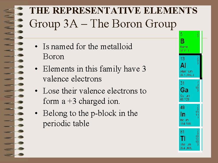 THE REPRESENTATIVE ELEMENTS Group 3 A – The Boron Group • Is named for