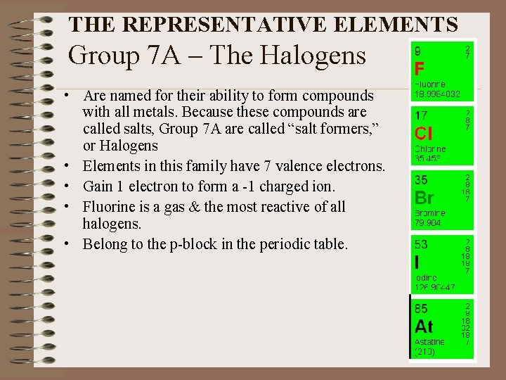 THE REPRESENTATIVE ELEMENTS Group 7 A – The Halogens • Are named for their